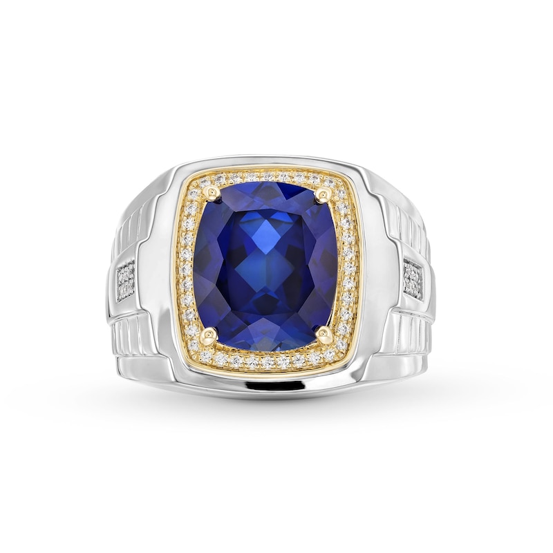 Cushion-Cut Blue Lab-Created Sapphire and 0.15 CT. T.W. Diamond Frame Ring in Sterling Silver and 10K Gold