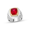 Thumbnail Image 0 of Cushion-Cut Lab-Created Ruby and 0.15 CT. T.W. Diamond Frame Ring in Sterling Silver and 10K Gold