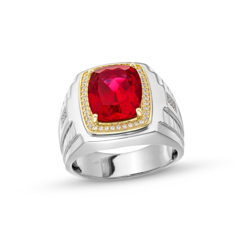 Cushion-Cut Lab-Created Ruby and 0.15 CT. T.W. Diamond Frame Ring in Sterling Silver and 10K Gold