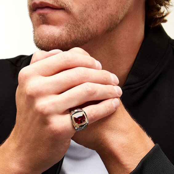 Cushion-Cut Lab-Created Ruby and 0.15 CT. T.W. Diamond Frame Ring in Sterling Silver and 10K Gold