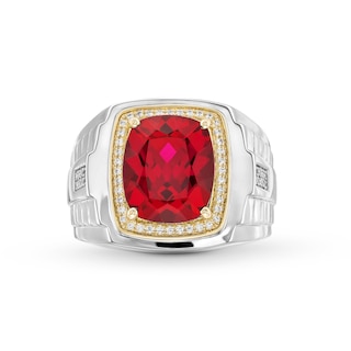 Cushion-Cut Lab-Created Ruby and 0.15 CT. T.W. Diamond Frame Ring in Sterling Silver and 10K Gold