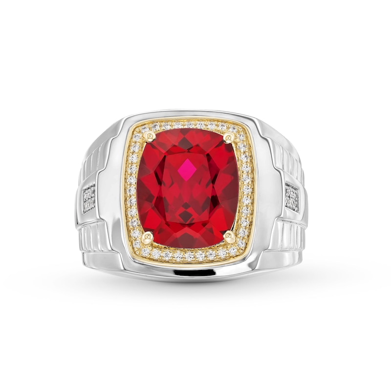 Cushion-Cut Lab-Created Ruby and 0.15 CT. T.W. Diamond Frame Ring in Sterling Silver and 10K Gold