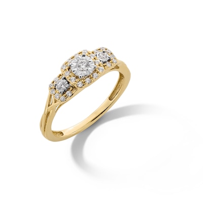 0.25 CT. T.W. Diamond Miracle Cushion Frame Past Present Future® Engagement Ring in 10K Gold