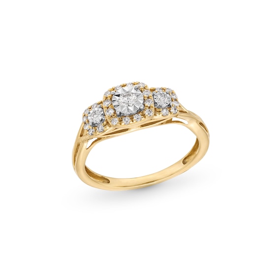 0.25 CT. T.W. Diamond Miracle Cushion Frame Past Present Future® Engagement Ring in 10K Gold