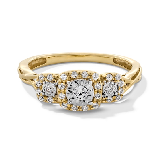 0.25 CT. T.W. Diamond Miracle Cushion Frame Past Present Future® Engagement Ring in 10K Gold