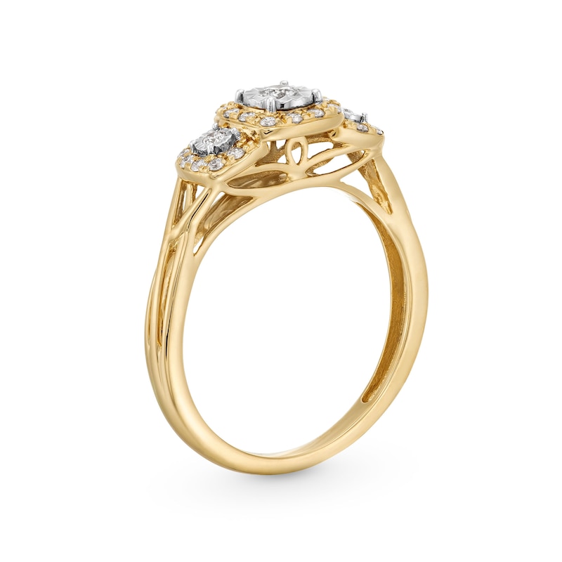 0.25 CT. T.W. Diamond Miracle Cushion Frame Past Present Future® Engagement Ring in 10K Gold