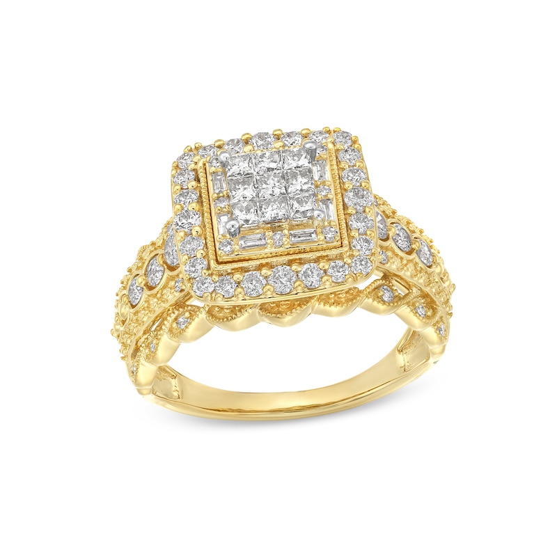 1.00 CT. T.W. Princess-Cut Multi-Diamond Cushion Frame Scalloped Shank Vintage-Style Engagement Ring in 10K Gold