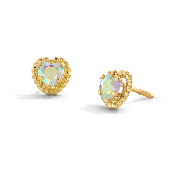 Child's 4.0mm Heart-Shaped Iridescent Cubic Zirconia Solitaire Beaded Frame Stud Earrings in Solid 14K Gold