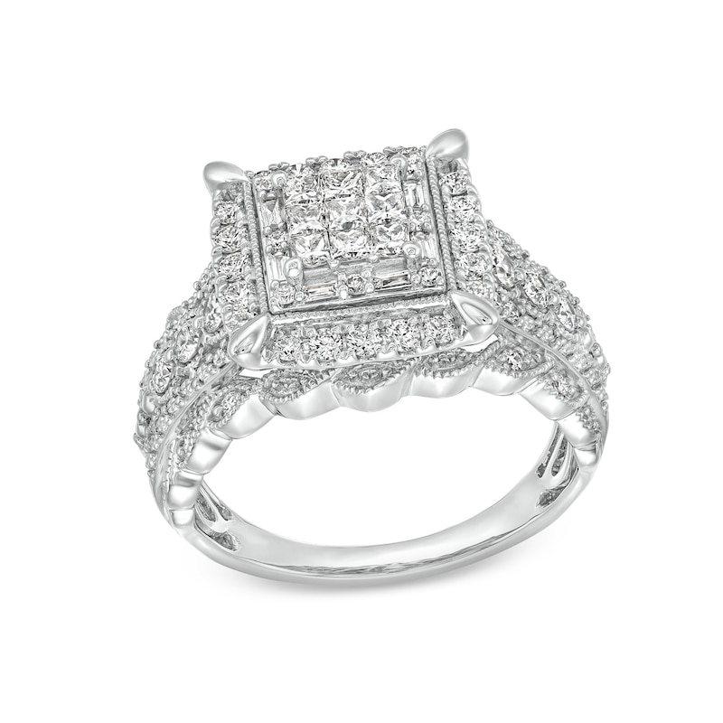 1.00 CT. T.W. Princess-Cut Multi-Diamond Cushion Frame Scalloped Shank Vintage-Style Engagement Ring in 10K White Gold