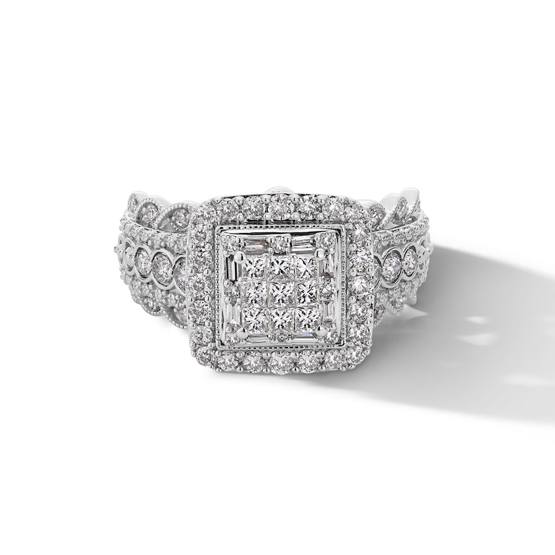 1.00 CT. T.W. Princess-Cut Multi-Diamond Cushion Frame Scalloped Shank Vintage-Style Engagement Ring in 10K White Gold