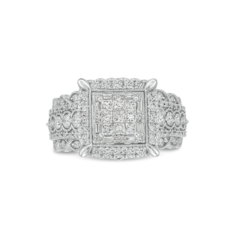 1.00 CT. T.W. Princess-Cut Multi-Diamond Cushion Frame Scalloped Shank Vintage-Style Engagement Ring in 10K White Gold