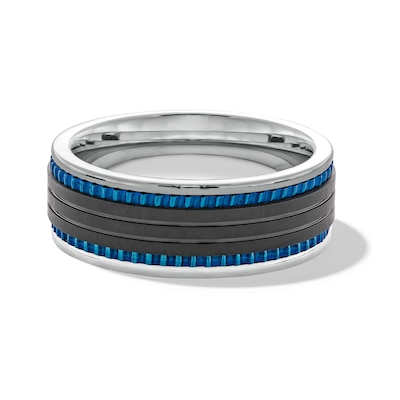 8.0mm Triple Row Grooved Edge Wedding Band in Stainless Steel with Black and Blue Ion Plate - Size 10