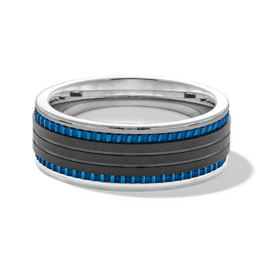 8.0mm Triple Row Grooved Edge Wedding Band in Stainless Steel with Black and Blue Ion Plate - Size 10