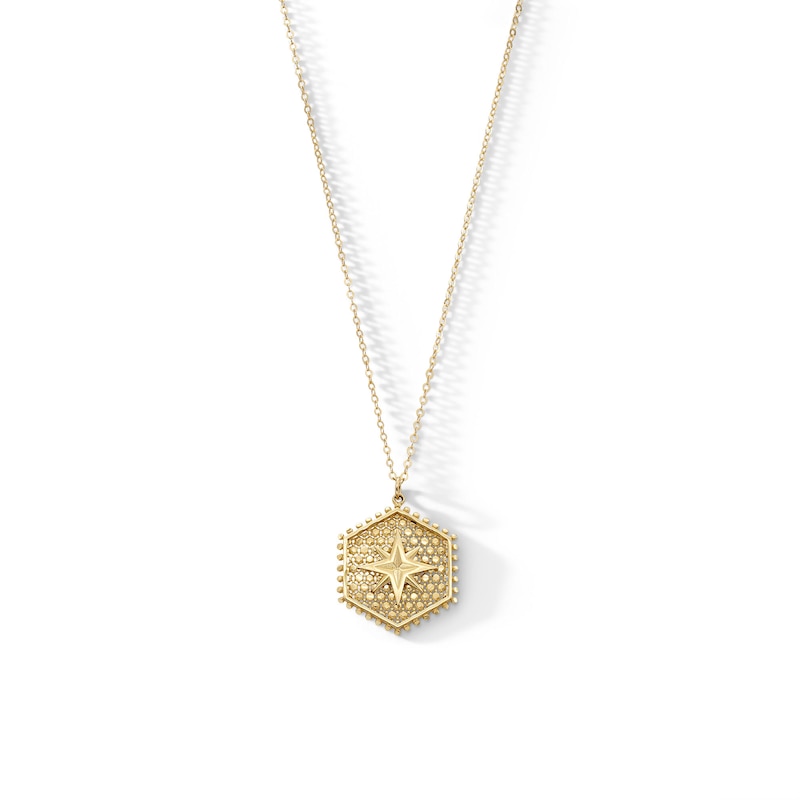 Main Image 1 of Diamond-Cut North Star Beaded Frame Hexagon Pendant in 10K Gold