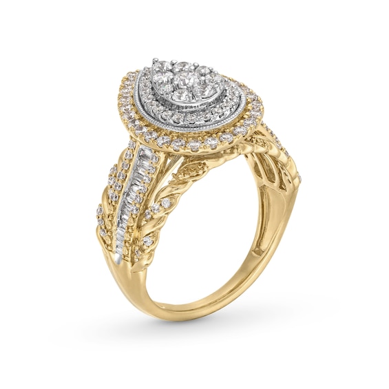 1.00 CT. T.W. Pear-Shaped Multi-Diamond Double Frame Multi-Row Twist Shank Engagement Ring in 10K Gold