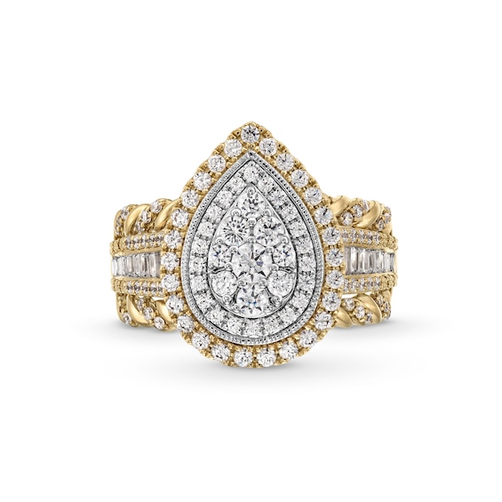 1.00 CT. T.W. Pear-Shaped Multi-Diamond Double Frame Multi-Row Twist Shank Engagement Ring in 10K Gold