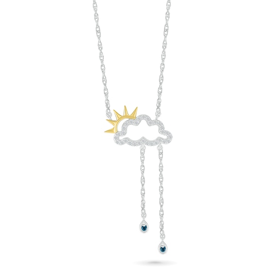 Swiss Blue Topaz and White Lab-Created Sapphire Sun, Cloud and Raindrop Necklace in Sterling Silver and 10K Gold