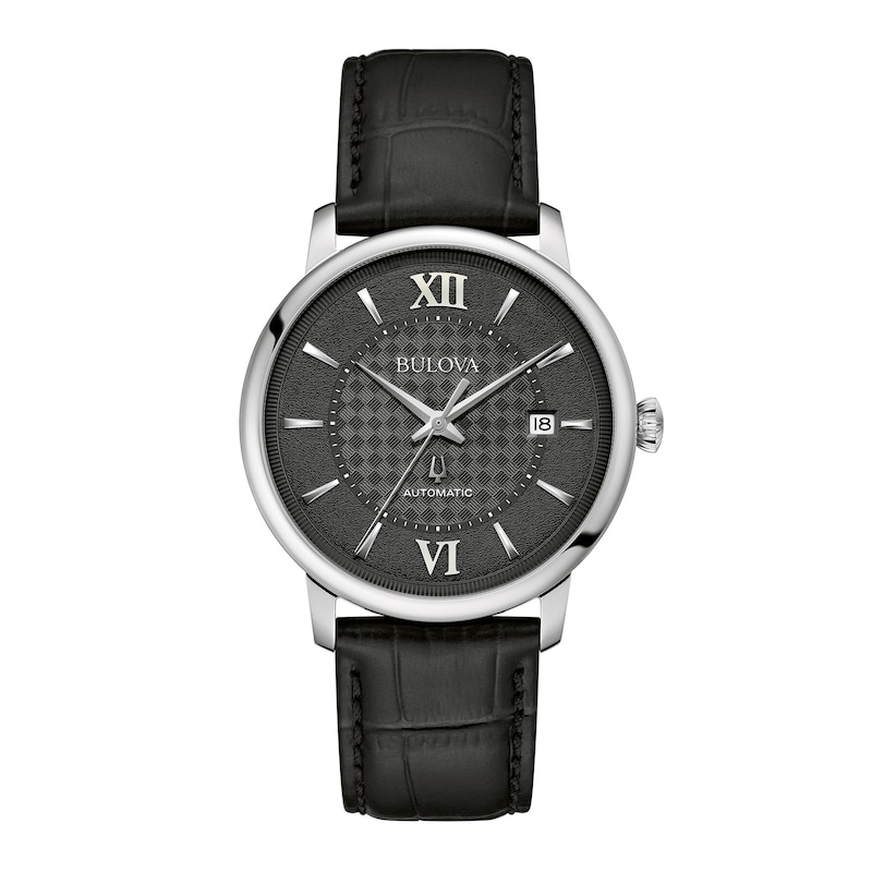 Men's Bulova Hudson Automatic Black Leather Strap Watch with Textured Black Dial (Model: 96B441)