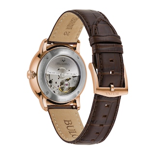 Men's Bulova Hudson Automatic Rose-Tone IP Brown Leather Strap Watch with Textured White Dial (Model: 97B225)