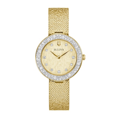 Ladies' Bulova Phantom Crystal Accent Gold-Tone IP Mesh Watch with Textured Champagne Dial (Model: 98L321)