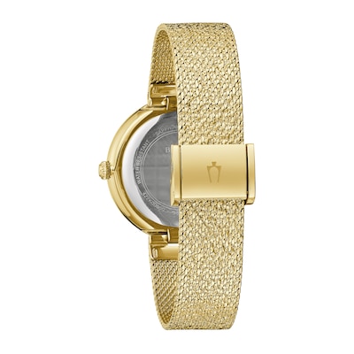 Ladies' Bulova Phantom Crystal Accent Gold-Tone IP Mesh Watch with Textured Champagne Dial (Model: 98L321)