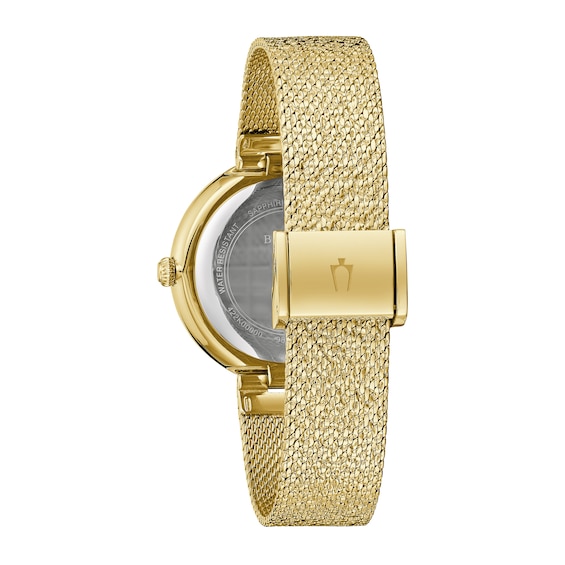 Ladies' Bulova Phantom Crystal Accent Gold-Tone IP Mesh Watch with Textured Champagne Dial (Model: 98L321)