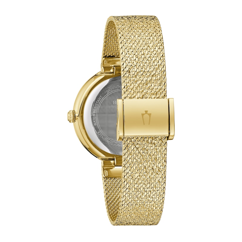 Ladies' Bulova Phantom Crystal Accent Gold-Tone IP Mesh Watch with Textured Champagne Dial (Model: 98L321)