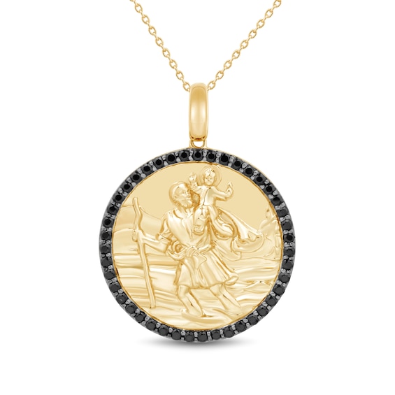 Saint Christopher Medallion Necklace Charm with Onyx Frame in 10K Gold