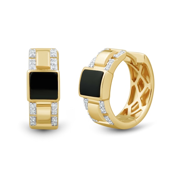 5.0mm Square Onyx and 0.115 CT. T.W. Diamond Hoop Earrings in 10K Gold