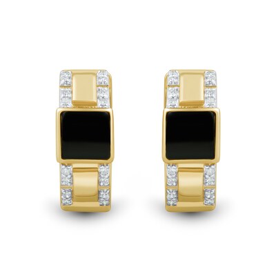 5.0mm Square Onyx and 0.115 CT. T.W. Diamond Hoop Earrings in 10K Gold