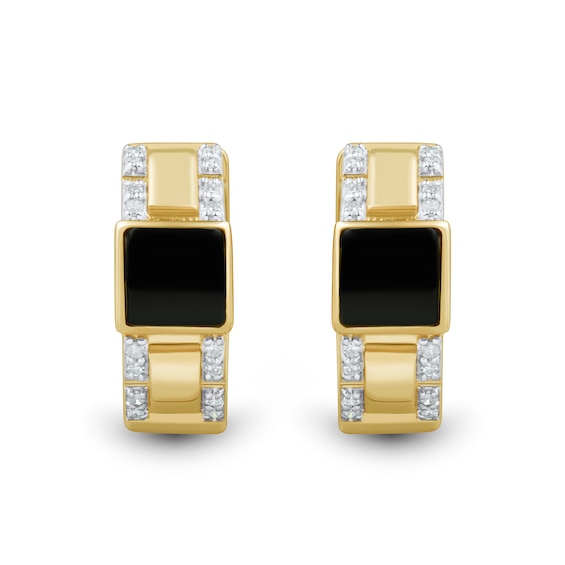 5.0mm Square Onyx and 0.115 CT. T.W. Diamond Hoop Earrings in 10K Gold