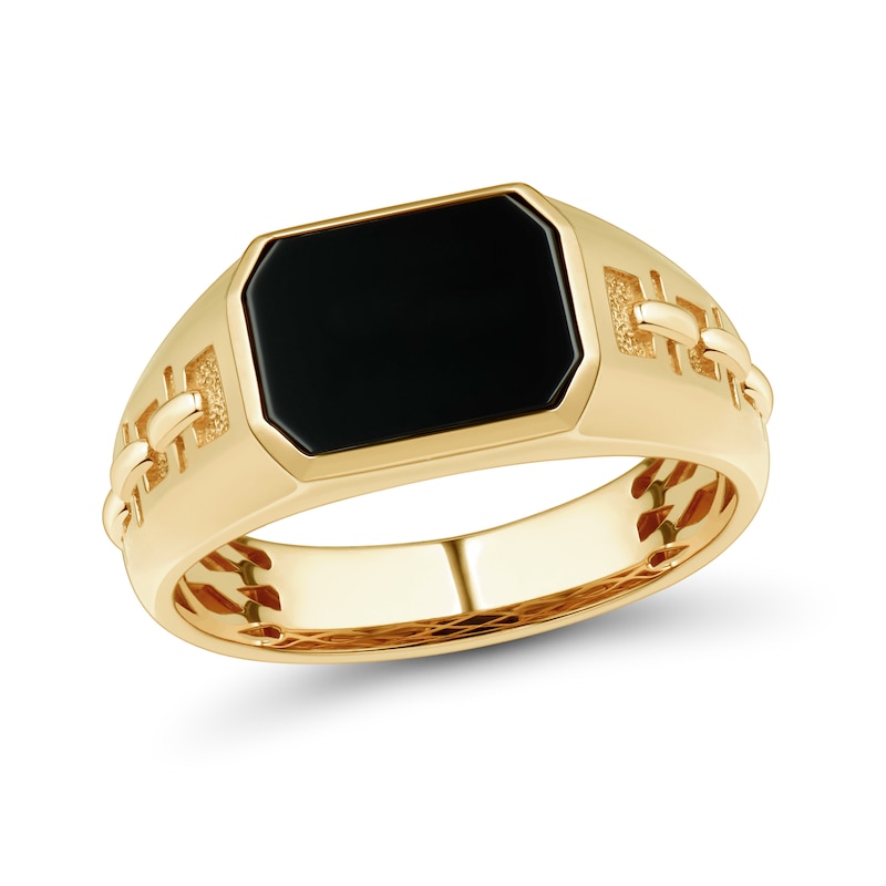 Sideways Emerald-Cut Onyx Solitaire Chain Link Shank Signet Ring in 10K Gold