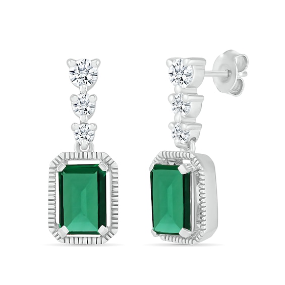 Emerald-Cut Lab-Created Emerald and White Lab-Created Sapphire Vintage-Style Drop Earrings in Sterling Silver