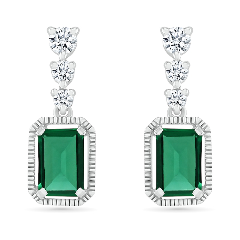 Emerald-Cut Lab-Created Emerald and White Lab-Created Sapphire Vintage-Style Drop Earrings in Sterling Silver