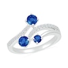 Thumbnail Image 0 of Blue and White Lab-Created Sapphire Three Stone Bypass Split Shank Ring in Sterling Silver