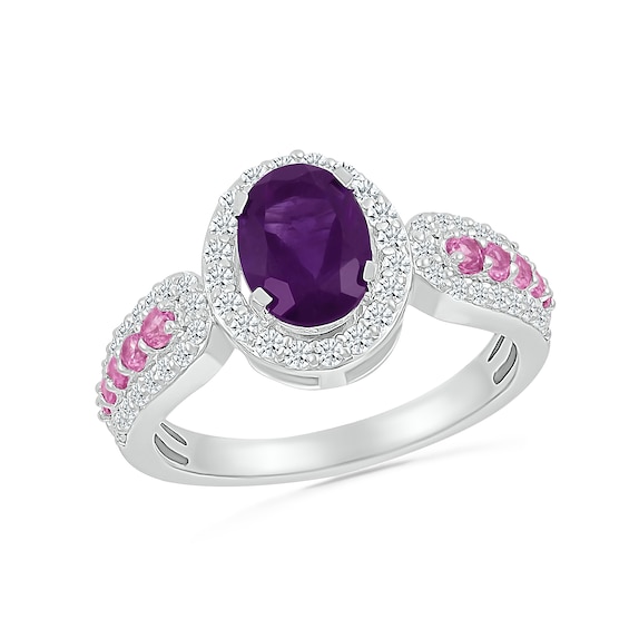 Oval Amethyst with Pink and White Lab-Created Sapphire Loop Shank Ring in Sterling Silver