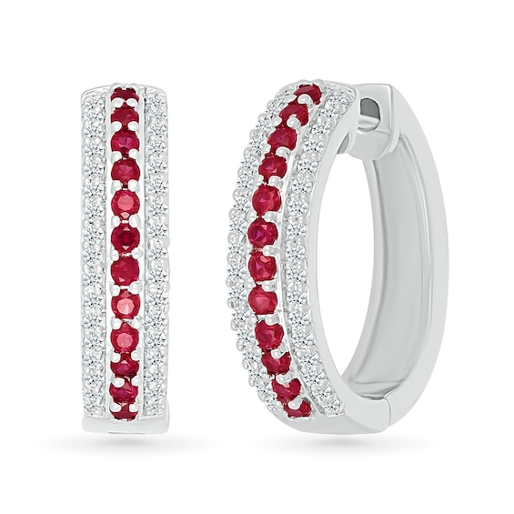 Lab-Created Ruby and White Lab-Created Sapphire Edge Hoop Earrings in Sterling Silver