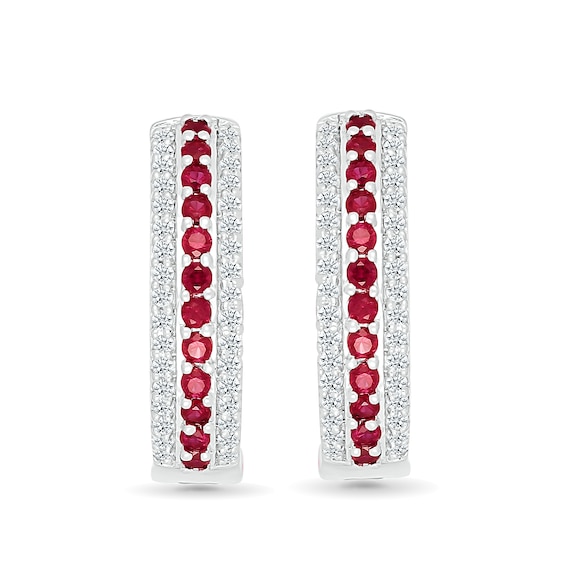 Lab-Created Ruby and White Lab-Created Sapphire Edge Hoop Earrings in Sterling Silver