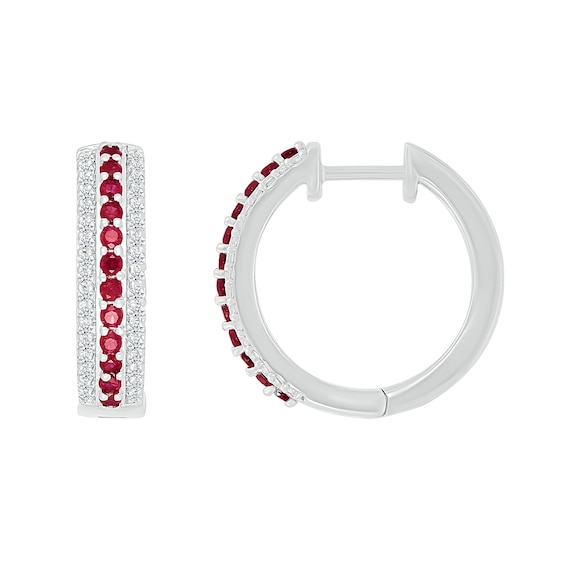 Lab-Created Ruby and White Lab-Created Sapphire Edge Hoop Earrings in Sterling Silver