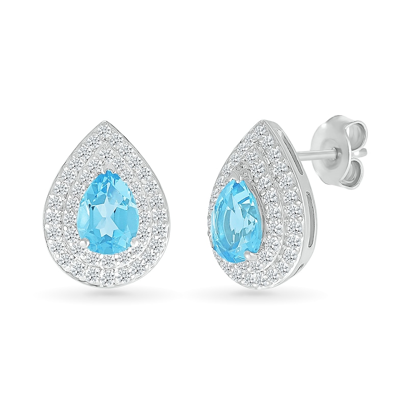 Main Image 1 of Pear-Shaped Swiss Blue Topaz and White Lab-Created Sapphire Double Frame Stud Earrings in Sterling Silver