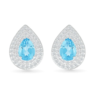 Pear-Shaped Swiss Blue Topaz and White Lab-Created Sapphire Double Frame Stud Earrings in Sterling Silver