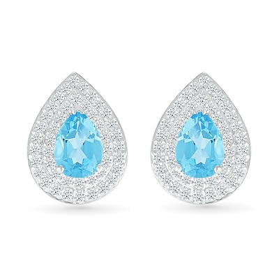 Pear-Shaped Swiss Blue Topaz and White Lab-Created Sapphire Double Frame Stud Earrings in Sterling Silver