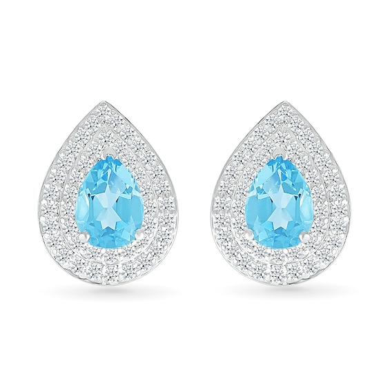 Pear-Shaped Swiss Blue Topaz and White Lab-Created Sapphire Double Frame Stud Earrings in Sterling Silver