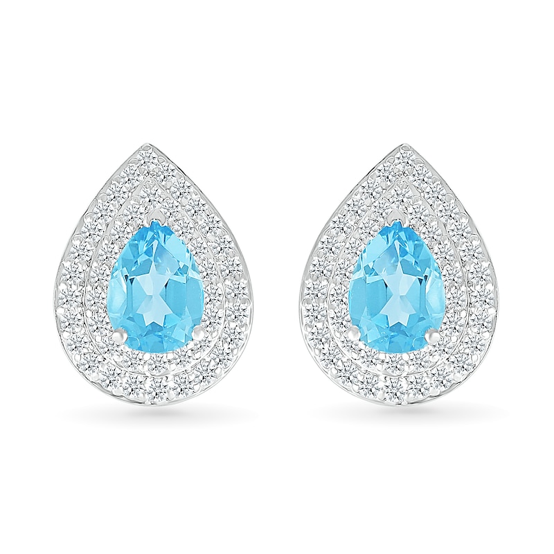 Main Image 2 of Pear-Shaped Swiss Blue Topaz and White Lab-Created Sapphire Double Frame Stud Earrings in Sterling Silver