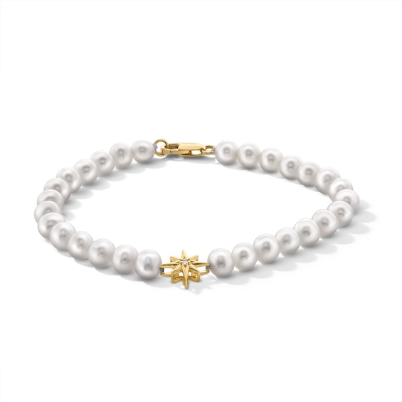 Freshwater Cultured Pearl and Diamond Accent North Star Bead Strand Bracelet in 10K Gold - 8”