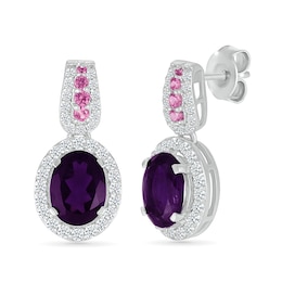 Oval Amethyst with Pink and White Lab-Created Sapphire Loop Drop Earrings in Sterling Silver