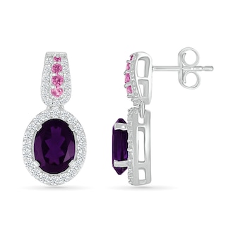 Oval Amethyst with Pink and White Lab-Created Sapphire Loop Drop Earrings in Sterling Silver