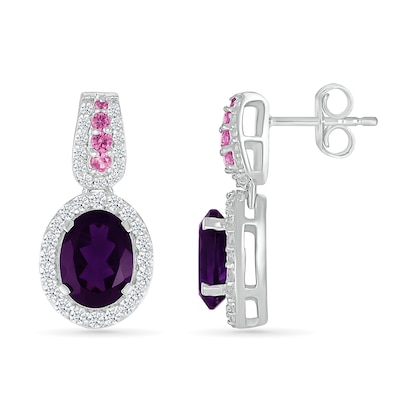 Oval Amethyst with Pink and White Lab-Created Sapphire Loop Drop Earrings in Sterling Silver