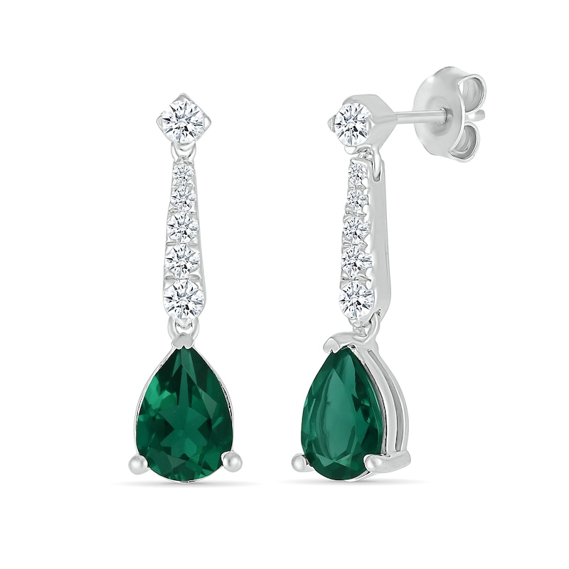 Main Image 1 of Pear-Shaped Lab-Created Emerald and White Lab-Created Sapphire Drop Earrings in Sterling Silver