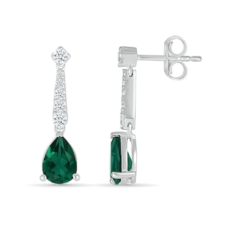 Pear-Shaped Lab-Created Emerald and White Lab-Created Sapphire Drop Earrings in Sterling Silver